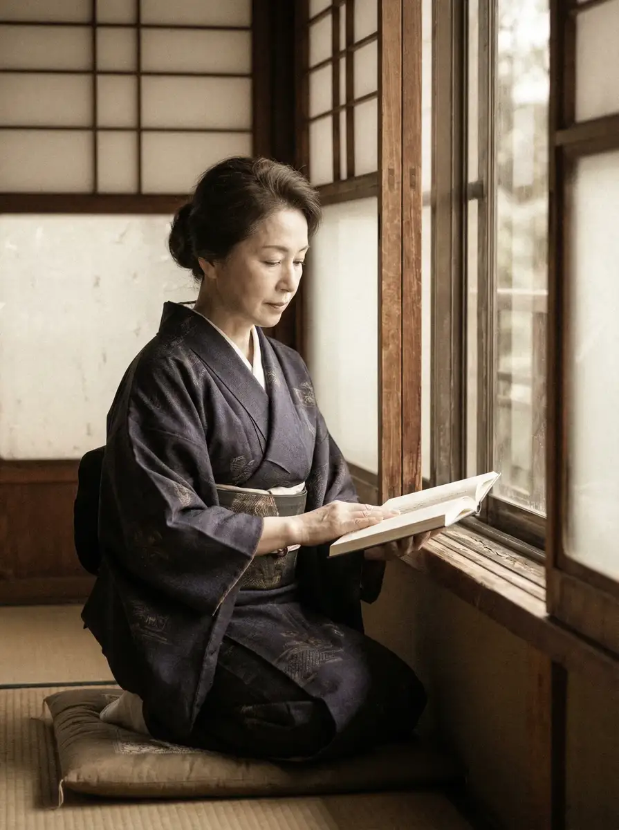 一位优雅的五十岁 阿里体育官网 身穿深蓝色和服，在窗边静读